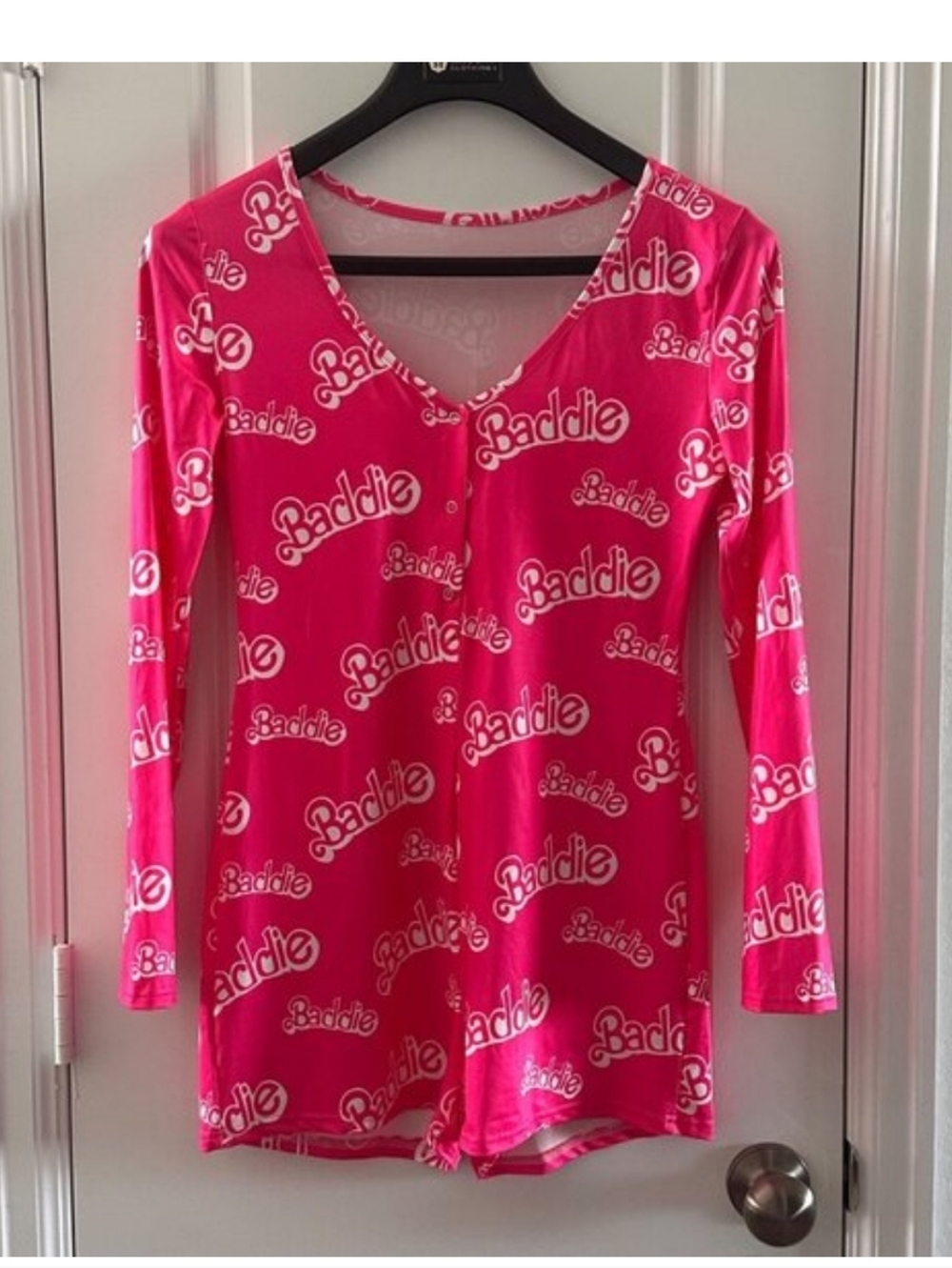 Pink V-Neck Long-Sleeve Romper Pajama - Picture 2 of 6